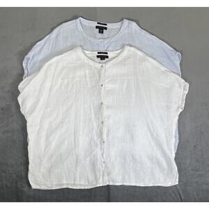 2)Tahari Womens Medium Light Blue & White Linen Button Front Oversized Shirt